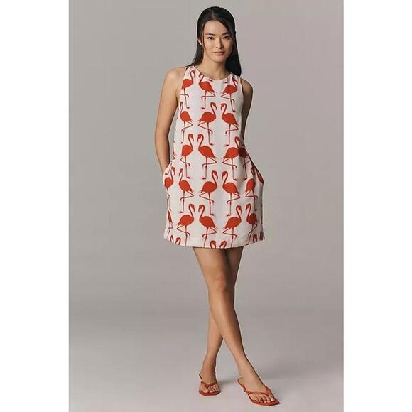 Maeve Linen Flamingo Printed Shift Mini Dress Sleeveless Size XL White Red - Picture 1 of 3